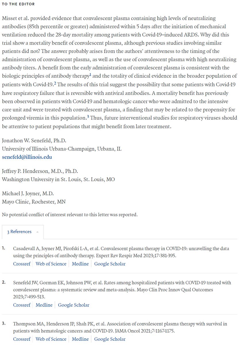 Convalescent Plasma for Covid-19–Induced ARDS [Jan 25, 2024] <a href="/jwsenefeld/">Jack Senefeld</a> <a href="/DrJPHenderson/">Jeff Henderson MDPhD</a> <a href="/DrMJoyner/">Michael Joyner</a> <a href="/NEJM/">NEJM</a> Letter DOI: 10.1056/NEJMc2313675 #COVID19CP #COVID19