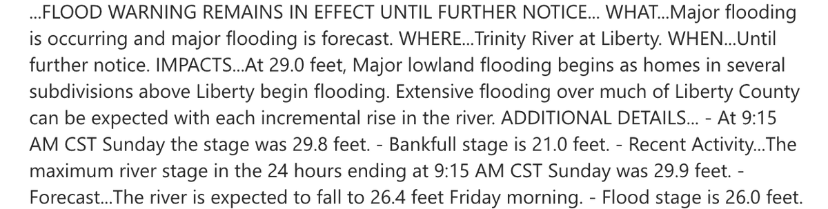 UPDATE: Flood warnings are still popping up in my work emails. Feeling terrible for those with flooded homes. #TrinityRiver #LibertyCounty @KHOU