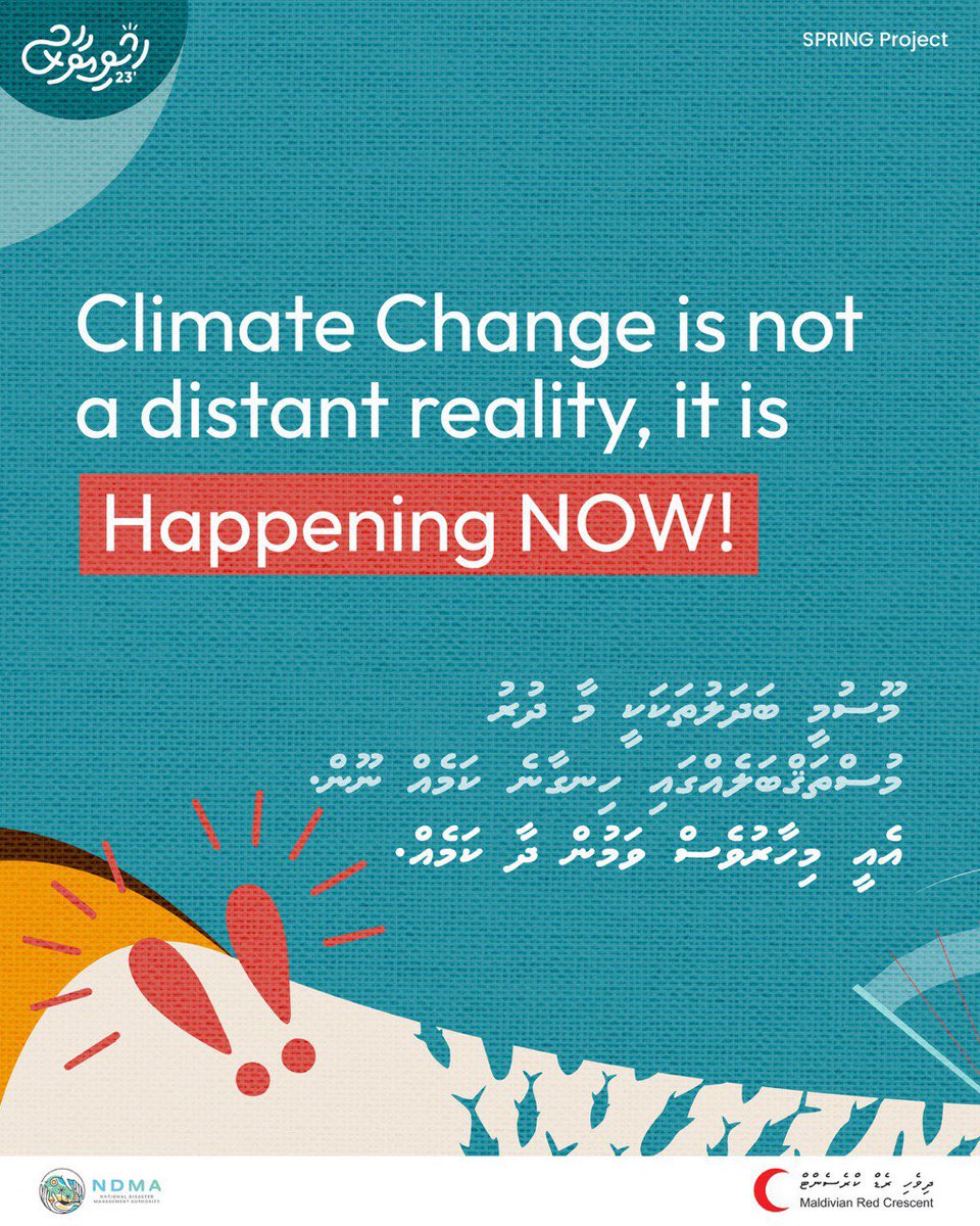 maldivianrc's tweet photo. Climate change isn’t just about sea-level rise in some distant tomorrow. It is happening right now, and impacting our lives today. 1/4
#ClimateReadyCommunities #MaldivianRedCrescent #CommunityResilience #DisasterPreparedness
#hushiyaaru https://t.co/MzZ09xdsX1
