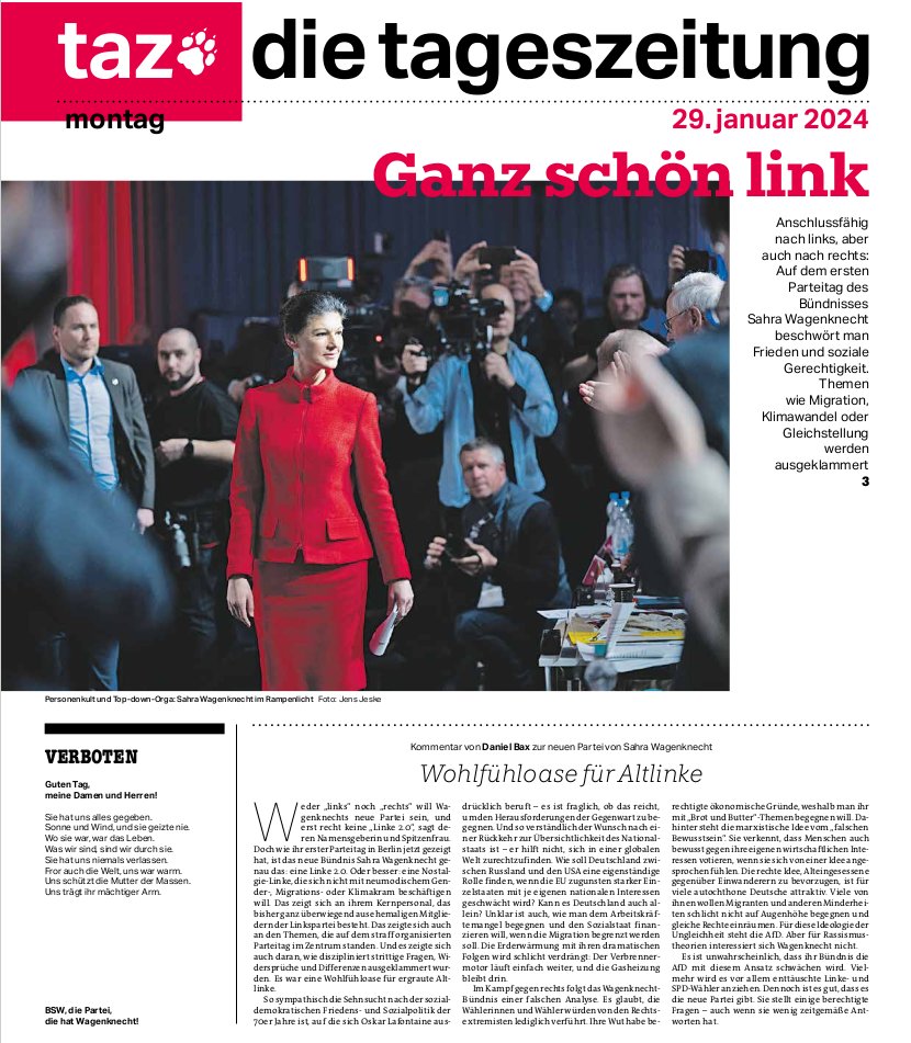 Links blinken, rechts winken: Sahra Wagenknechts Partei will in allen Becken fischen. Kritische Themen werden beim ersten Parteitag ausgespart @tazgezwitscher #Wagenknechtpartei