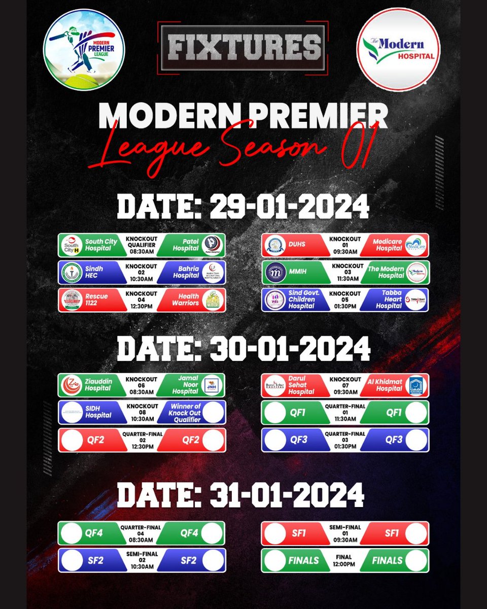 TheModernHosp's tweet photo. *FIXTURES* of the Upcoming MODERN PREMIER LEAGUE (MPL)
#modernpremierleague #cricket #karachi #karachihospitals #southcityhospital #DUHS #patelhospital #ziauddinuniversity #darulsehat #Rescue1122 #bahriahospital #jamalnoor #alkhidmathospital #sindhhec #MMIH #themodernhospital https://t.co/BUHP6PWPFf