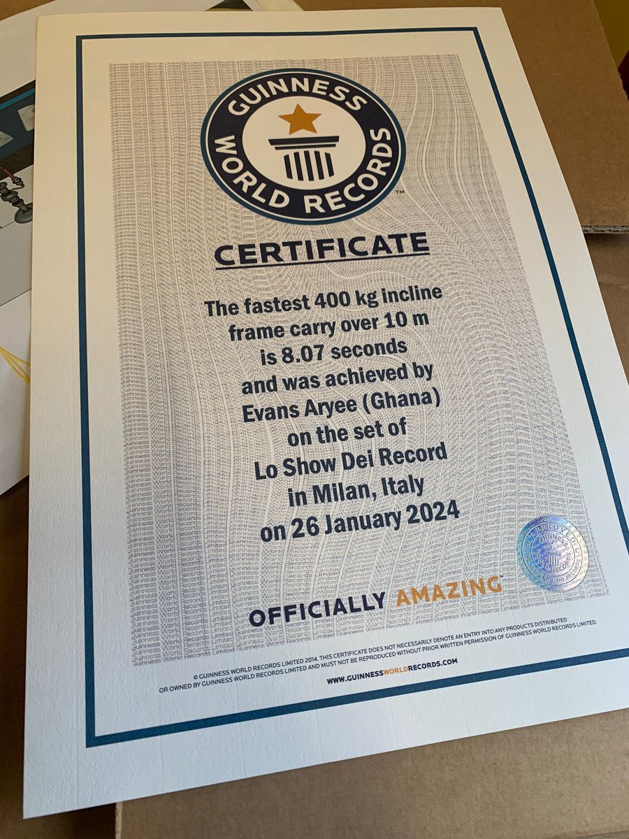 🚨ICYMI🇬🇭🏋🏿‍♂️🏆: Ghana has a new Guinness World Record holder.

Belgian-based Ghanaian athlete, <a href="/EvansNEAryee/">evansthehulk🇬🇭🇧🇪</a>, has set a new Guinness World Record(<a href="/GWR/">Guinness World Records</a>) for the fastest 400kg incline frame carry over 10 meters. 

He completed the task in just 8.07 seconds on the set of Lo Show Dei