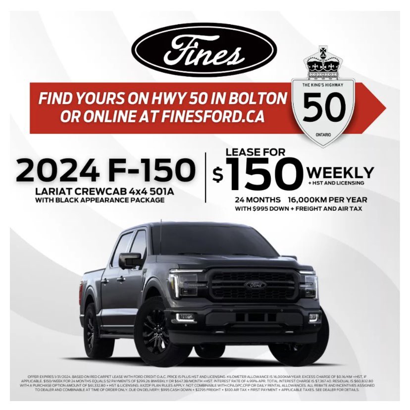 150 for 150 on 50. Find your 2024 F-150 on Highway 50 in Bolton or online at finesford.ca
#f150 #Truck #deals #Ford