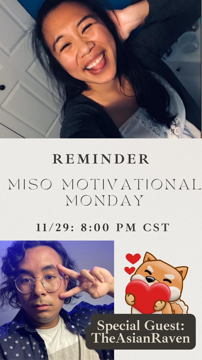 We back at it tomorrow night 😎 Come vibe with me and <a href="/TheAsianRaven/">Raven =D</a> as we motivate your Monday tomorrow night at 8pm CST 💕Hope to see you there!
