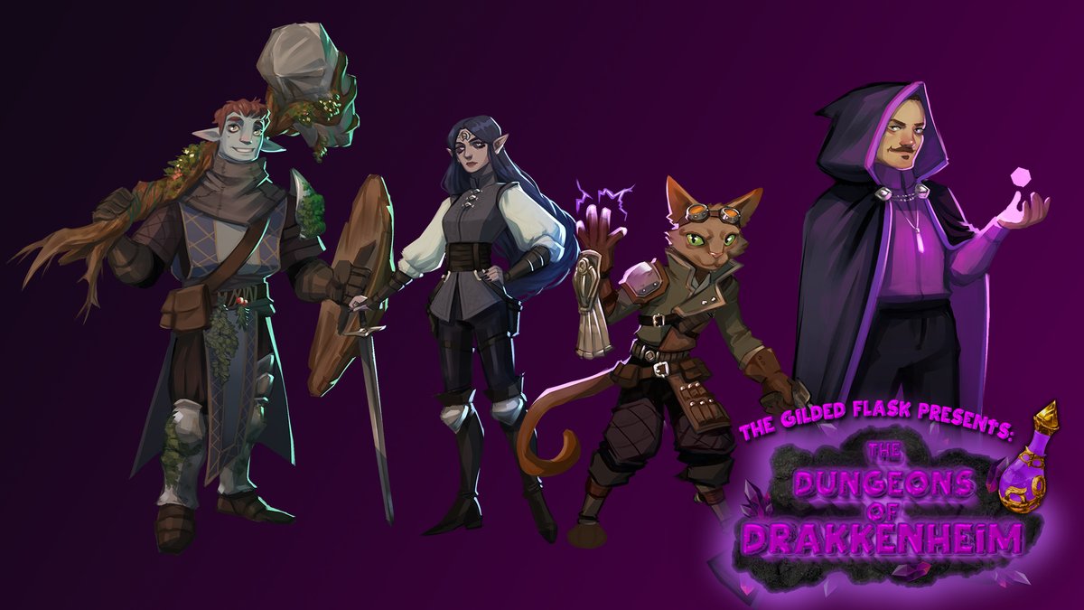 TheGildedFlask's tweet photo. It is our pleasure to share with you the character art for our Dungeons of Drakkenheim playthrough! 

Meet Petro the Firbolg Paladin,  
Briar the Tiefling Fighter, 
Cory the Tabaxi Artificer, 
and Berry as your humble DM.

We hope to see you soon at https://t.co/aRP2QluaS8 ! https://t.co/Z3TeS5PA4b