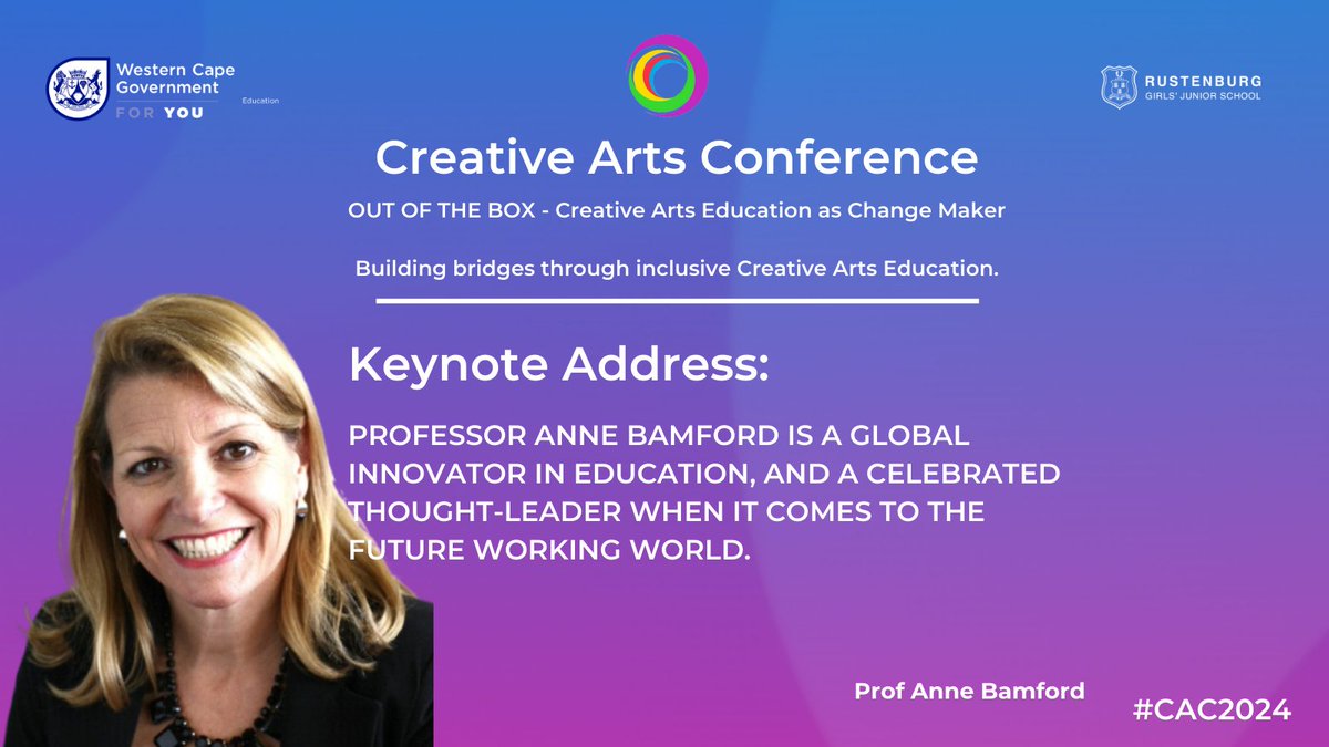 #CreativeArtsConference
● 1 &amp; 2 March 2024
☆ Keynote Address: Prof ANNE BAMFORD
● Online event free for <a href="/WCEDnews/">WCEDNews</a> teachers
■ Registration: visit the official website creativeartsconference.co.za 
<a href="/AninaLundie/">Anina Lundie</a> <a href="/aninalun/">Anina Lundie</a> <a href="/Andriazaf/">Andria Zafirakou</a> <a href="/teachingconnect/">Juan Benjamin</a> <a href="/belindapetersen/">Belinda Petersen</a> <a href="/HPMarais1/">Hendrik Marais</a>