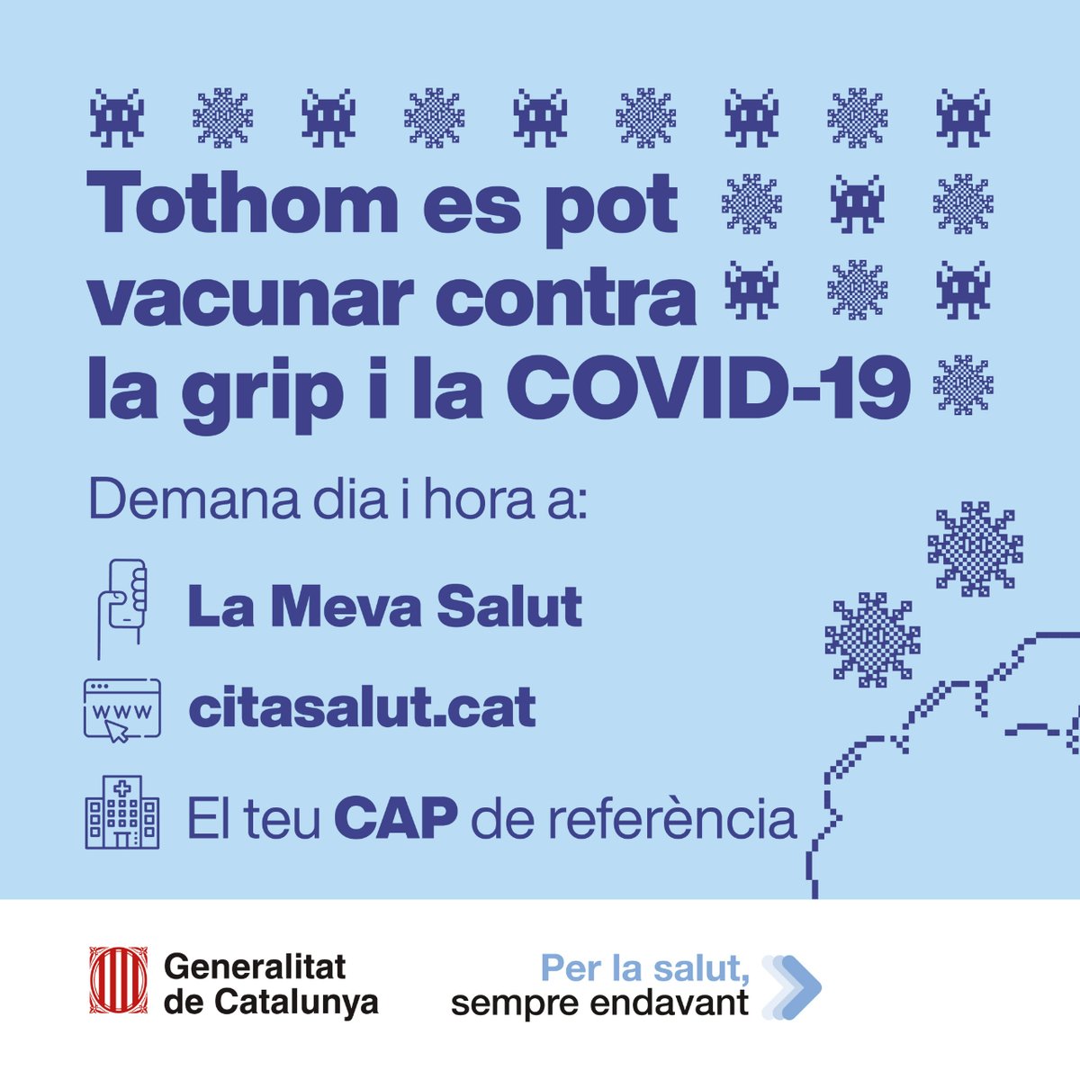 💉 Protegeix-te contra la grip i la COVID-19.

📉 El 2019-2020, la vacunació va evitar el 26% de les hospitalitzacions, el 40% dels ingressos en UCI.

📲 Demana dia i hora a:

👉 La Meva Salut
👉 i.mtr.cool/cpyouhnzmf
👉 El teu CAP de referència.