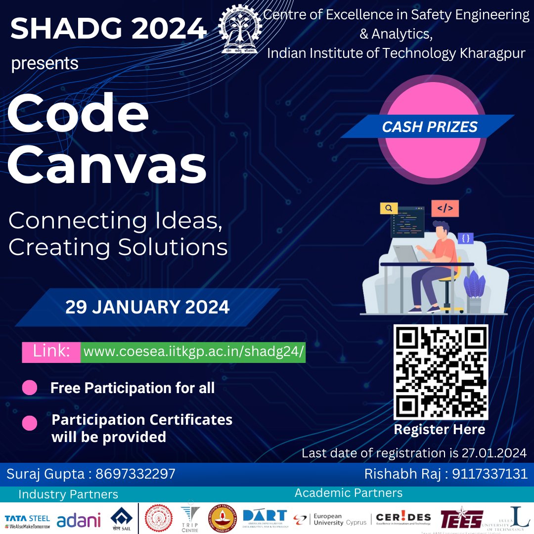 IITKgp's tweet photo. #CoESEA at @IITKgp is conducting various competitions as part of the International Conference Safety,Health & Analytics-Driven Governance #SHADG 2024 on Jan 29 & 30,2024
https://t.co/vgp7OsDWhp
@EduMinOfIndia @dpradhanbjp @Drsubhassarkar @PMOIndia https://t.co/nFeWKu3FgP