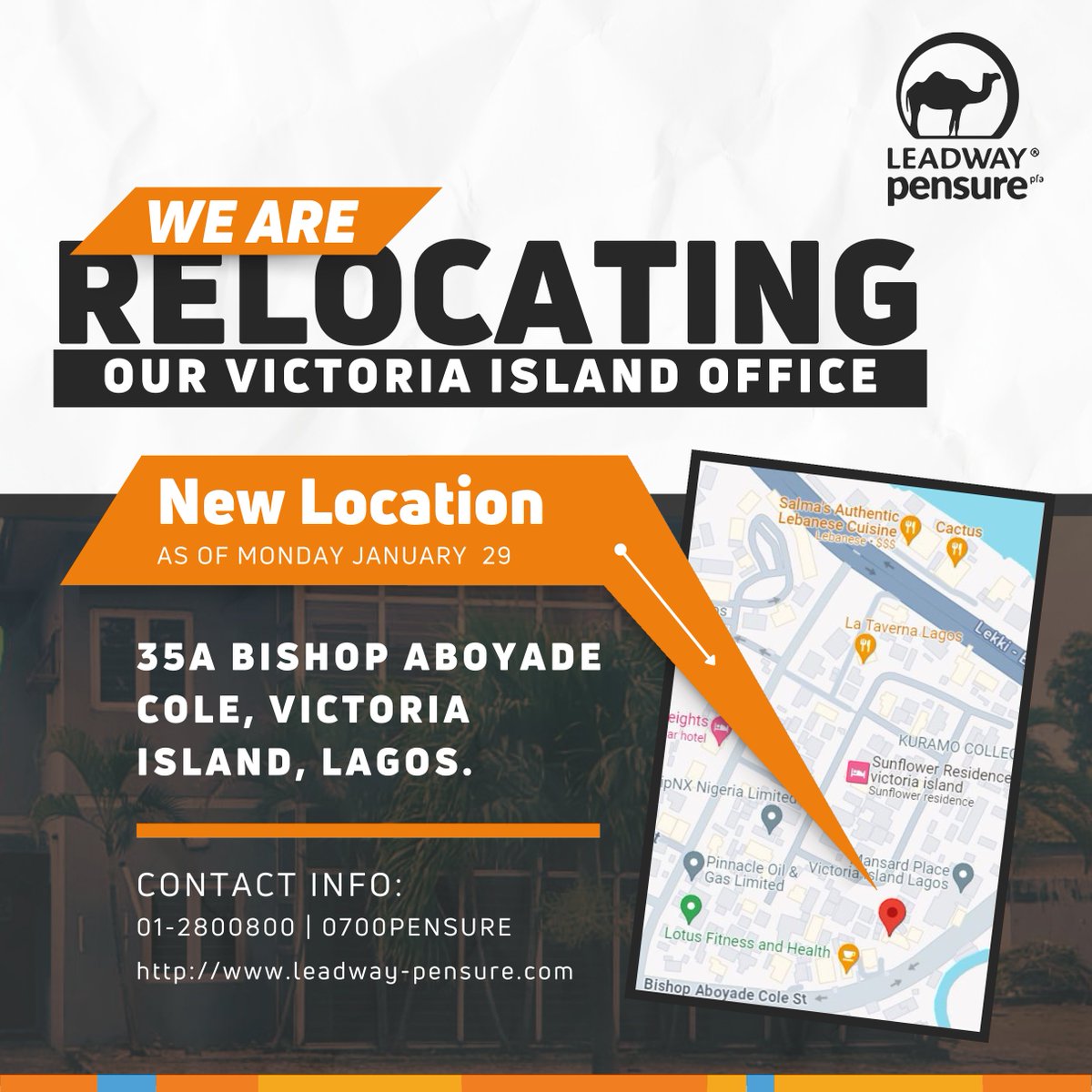 LeadwayPensure's tweet image. This relocation positions us to better deliver on our promise of world-class services and a future of financial well-being to you.

We look forward to seeing and serving you at our new location.

#wehavemoved #newlocation #Leadway #LeadwayPensure #Pensionfundadminstrators