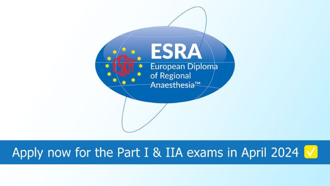 ESRA Trainees (@esra_trainees) on Twitter photo 📣 <a href="/ESRA_Society/">ESRA | European Society of Regional Anaesthesia</a> European Diploma of Regional Anaesthesia
Don't miss the opportunity to apply for the next Part 1 & Part 2A exams! 🎓
🗓 14 April 2024
💻 Remote, online only
✅ Applications open now.
🏁 Deadline: 14 March 2024
👉 All info: esraeurope.org/edra 📣 <a href="/ESRA_Society/">ESRA | European Society of Regional Anaesthesia</a> European Diploma of Regional Anaesthesia
Don't miss the opportunity to apply for the next Part 1 & Part 2A exams! 🎓
🗓 14 April 2024
💻 Remote, online only
✅ Applications open now.
🏁 Deadline: 14 March 2024
👉 All info: esraeurope.org/edra