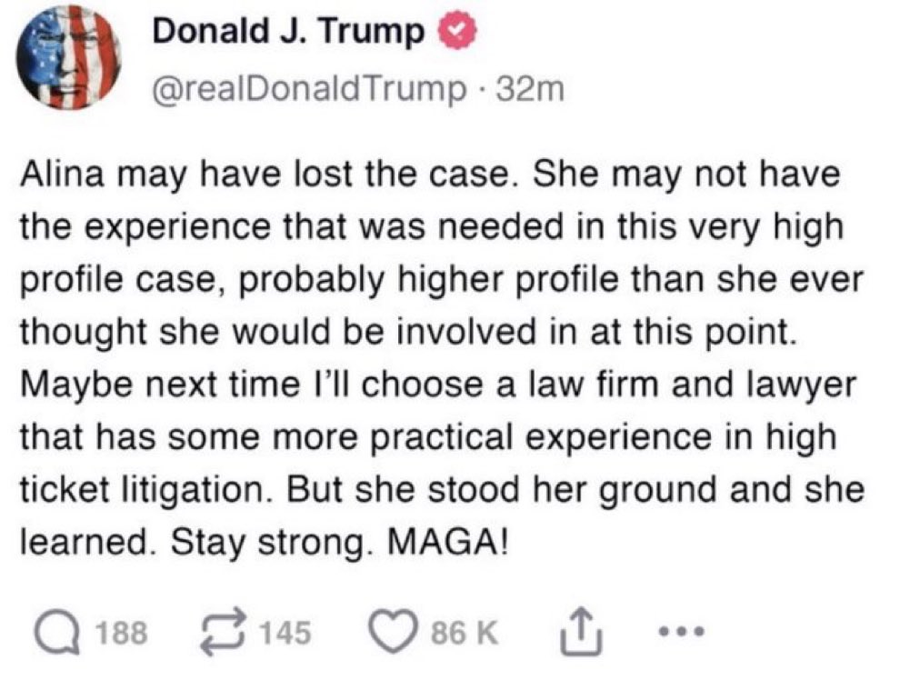 DAJustAsking's tweet image. &quot;Alina may have lost the case&quot;? 🤣🤣🤣🤣🤣🤣🤣🤣🤣🤣🤣🤣🤣

I guess those &quot;You Too Can Be A Lawyer&quot; courses she completed at Trump University and Refrigerator Repair Academy, don&apos;t actually help you in a real court of law?

#WorstLawyerEver
#WorstClientEver
#YouGetWhatYouPayFor