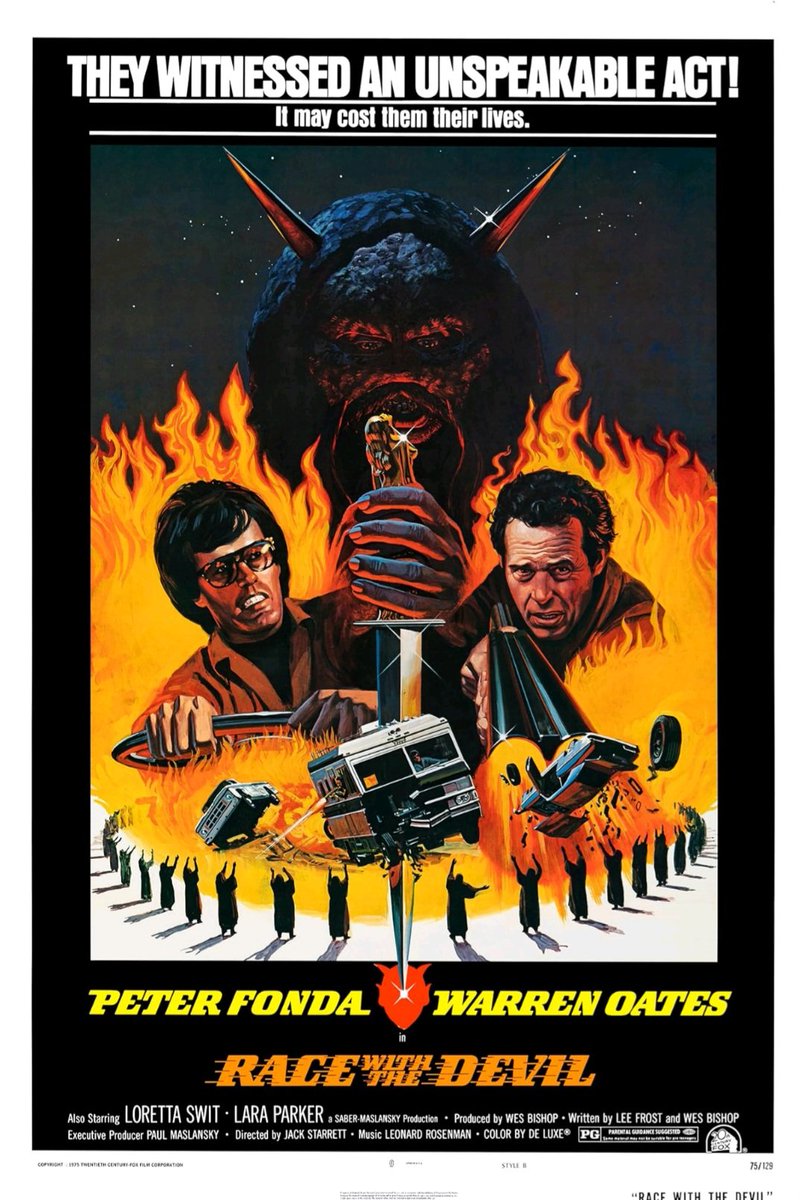TheFilmFair's tweet photo. Talking taglines: "They witnessed an unspeakable act! It may cost them their lives." #RaceWithTheDevil (1975 - Dir. #JackStarrett) #PeterFonda #WarrenOates #LorettaSwit https://t.co/Aid1u5GQm1