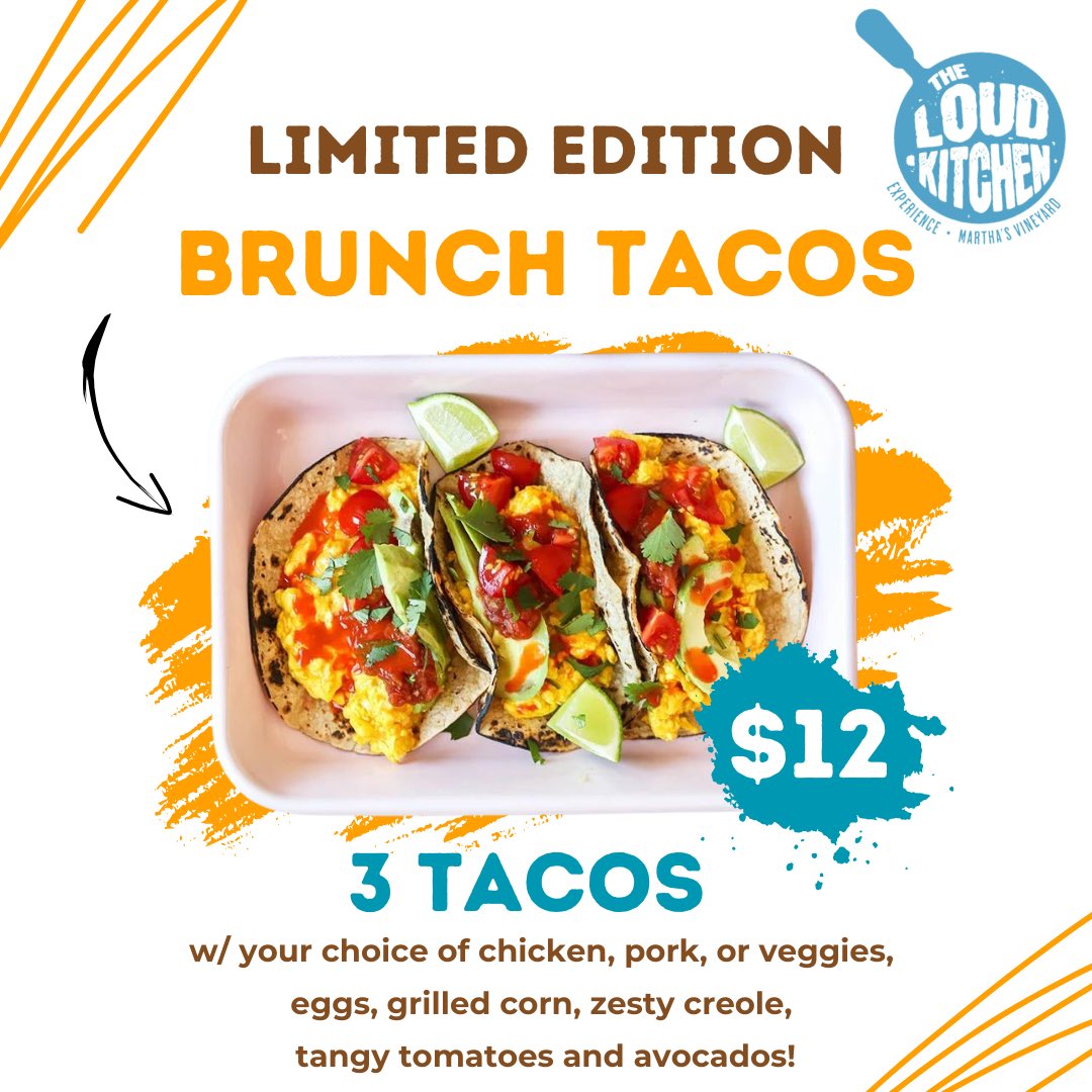 Get ready to be taco-tized!🌮 Every limited edition #BrunchTaco plate comes w/ 3 tacos, stuffed w/ your choice of chicken, pork or veggies. They’re loaded w/ eggs, cheese, corn, zesty creole, tomatoes &amp; avocado!
📌#DineIn &amp; #TakeOut
🍴Sunday Brunch: 11:30AM-3:30PM
#OakBluffs #MVY