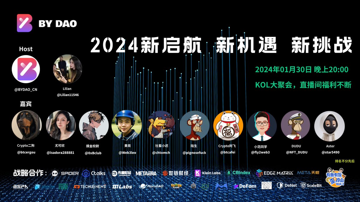 📢2024, new opportunities and new challenges
📆1.30 8:00(UTC+8)
💻x.com/i/spaces/1jMJg…
👏Guest:<a href="/Lilian11546/">Lilian</a>  <a href="/btcergou/">Crypto二狗</a>  <a href="/isadora288881/">尤可欣Isadora</a>  <a href="/0xBclub/">0xBclub | 摸金校尉 𝕏 (Ø,G 🔴,💊)</a>  <a href="/Web3leo/">外卖小哥黄周</a>  <a href="/chtomch/">社畜小迟</a>  <a href="/pignosefuck/">陆生</a>  <a href="/BTCAFei/">Crypto 阿飞</a> <a href="/fly2web3/">小范同学_黑化</a>  <a href="/NFT_DUDU/">NFTDUDU</a>  <a href="/star5490/">Aster</a> 
📍Click denet.me/m/qsap4K to join &amp; get money