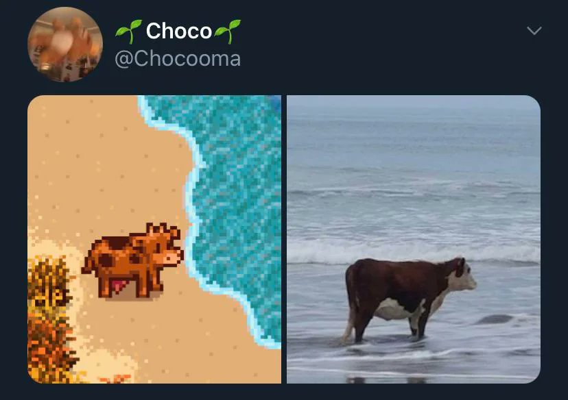 rStardewValley's tweet photo. When art imitates life 🐮

posted by u/XenaSerenity. Post url: https://t.co/KCyKNNNsbn #StardewValley #Stardew https://t.co/hcGLGwA5Jw