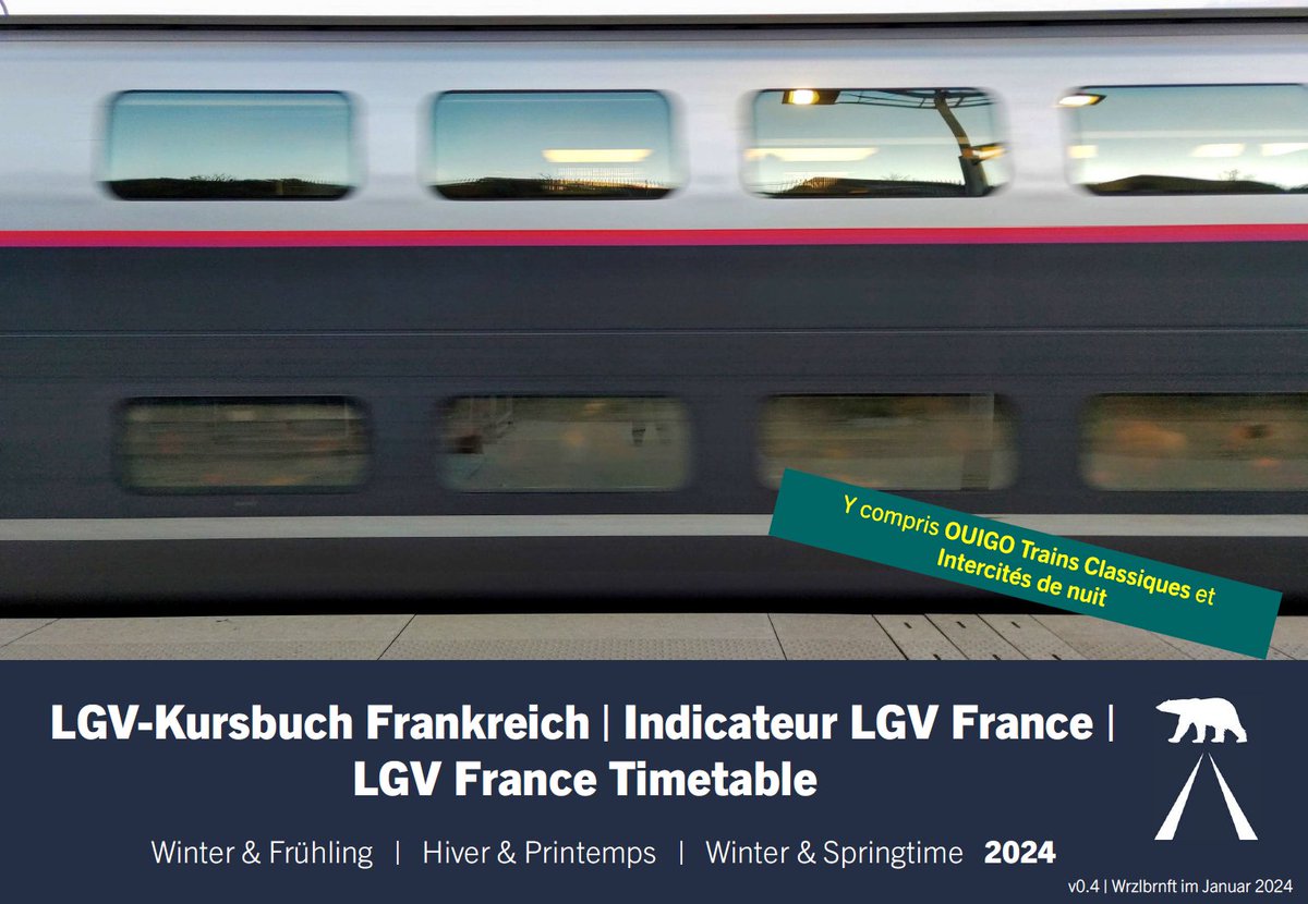 An dieser Stelle auch hier ein Lebenszeichen von mir: Mein neues #LGVKursbuch (Edition Winter/Frühling 2024) ist da!
***
Mon nouvel édition #IndicateurLGV (hiver/printemps 2024) est désormais disponible !
***
New edition of my #LGVtimetable available now!
drive.google.com/file/d/1MkT-Tc…