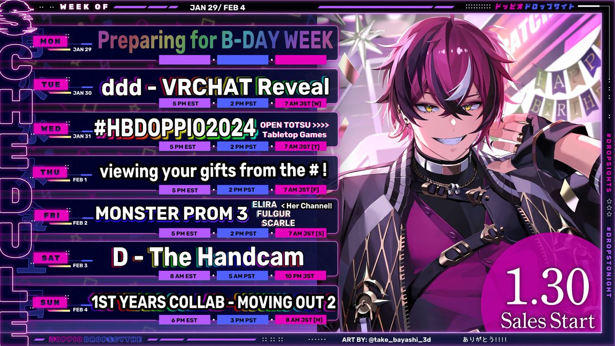 D_Dropscythe's tweet photo. MY MOST EPIC WEEK! HBD THE SEQUEL
【1/29-2/04】🎡🐣🎡🐣🎡
🐣MEME/CLIPS: #Doppameme
🎡LIVE: #Dropstonight
🐣ART: #Dropsights / NSFW: #Dropshy
🎡ASSETS: #Doppioassets
🐣STREAM THUMBNAILS: #Doppionails
🎡VOICE PACK REACTIONS: #DoppioVP
🐣FAN NAME: #Scythekicks
🎡COSPLAY: #Dripscythe https://t.co/XGfYGTTJkE