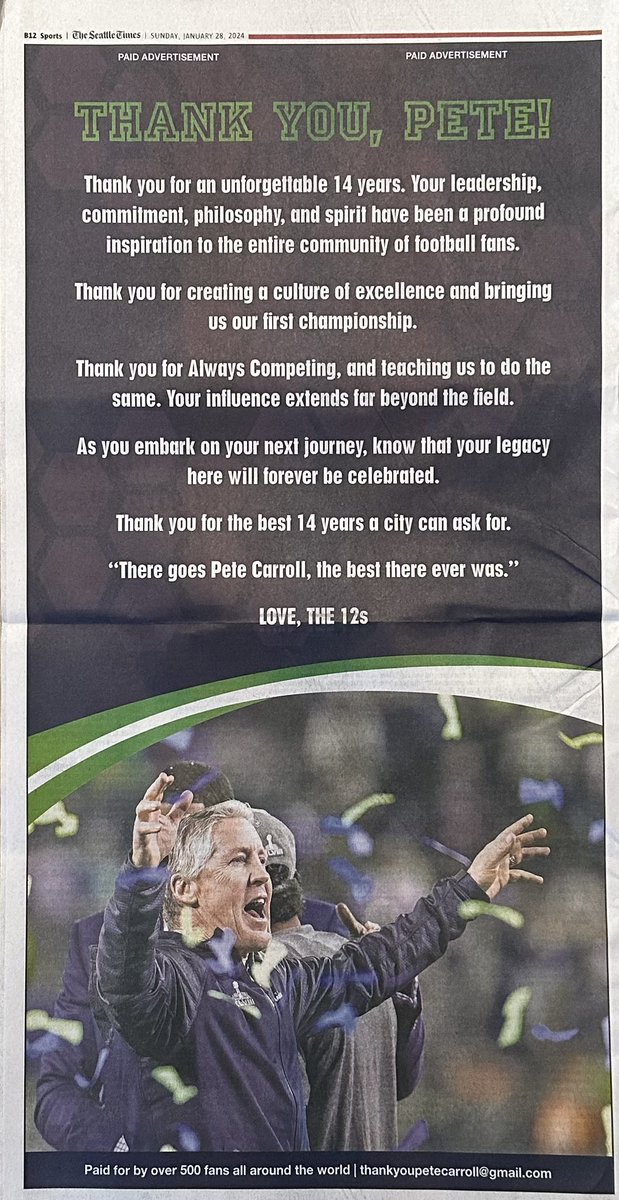ililly31's tweet photo. There goes @PeteCarroll, the best there ever was. Thank you Pete! https://t.co/dvuPGS5ny5