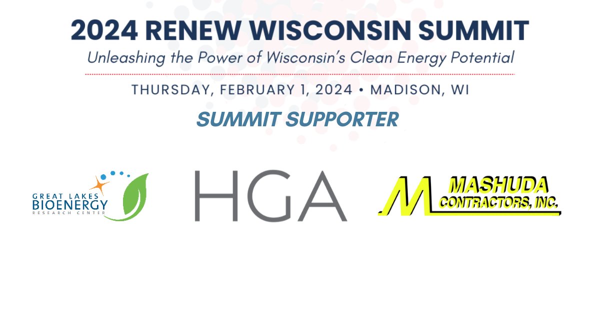 Thank you to Great Lakes Bioenergy Research Center, HGA, and Mashuda Contractors for being Summit Supporters and sponsoring the #2024RENEWWisconsinSummit! Register now for the Summit and learn more about these great organizations. ☀️ loom.ly/d6nudYk
