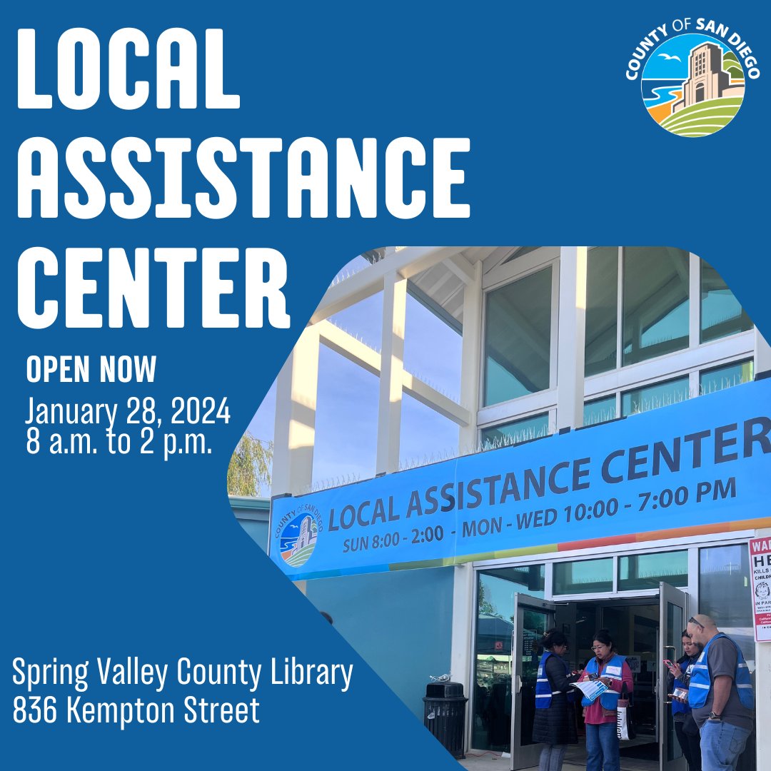 SanDiegoCounty's tweet photo. The County’s Local Assistance Center is open now through 2 p.m. at the Spring Valley County Library (836 Kempton Street). If you have been affected by recent flooding, connect directly with County departments and other agencies for assistance. https://t.co/cLeenCT0PB