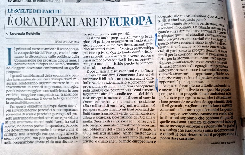 Sul <a href="/Corriere/">Corriere della Sera</a> <a href="/LucreziaReichli/">Lucrezia Reichlin</a> ricorda che le elezioni si avvicinano ed è tempo di parlare di Europa. In prima fila i temi delle politiche industriali e quelli della coesione economica e sociale. Mai così integrati tra loro #PoliticheIndustrialiUE