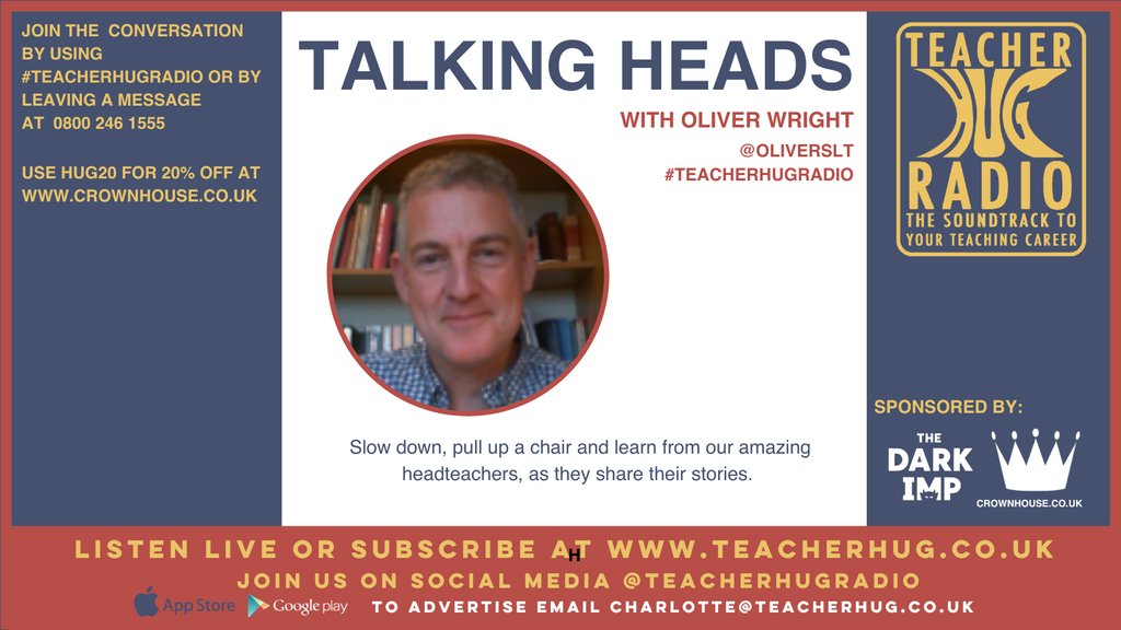 Coming next, join @OliverSLT for his weekly insight into the journey to headship and the unique life as a headteacher. Listen live at teacherhug.co.uk #TeacherHugRadio