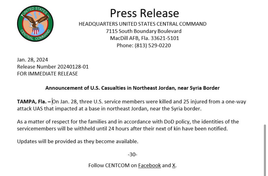 💔Three US service members killed and 25 injured in Northeast Jordan, near Syria Border. -US Central Command