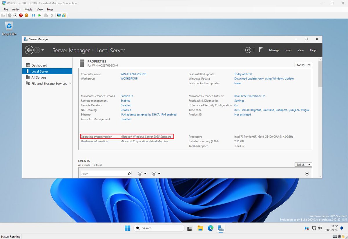 Very special moment for me -  I installed Windows Server 2025 inside a Hyper-V VM. It  installs in several minutes. There will be plenty of things to test and  learn in the following days and months. 

#WindowsServer2025 #hyperv #activedirectory