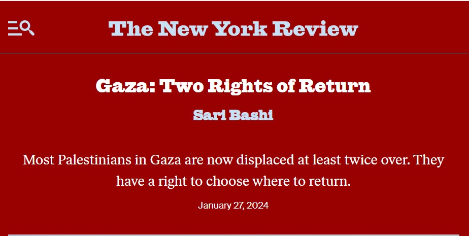 Palestinians in Gaza have the right to return under int'l law—not just to homes they've recently lost in Gaza, but also to the homes they fled or were expelled from 75 years ago in what's now Israel. @hrw's @saribashi on this core principle & her family's moving story in @nybooks