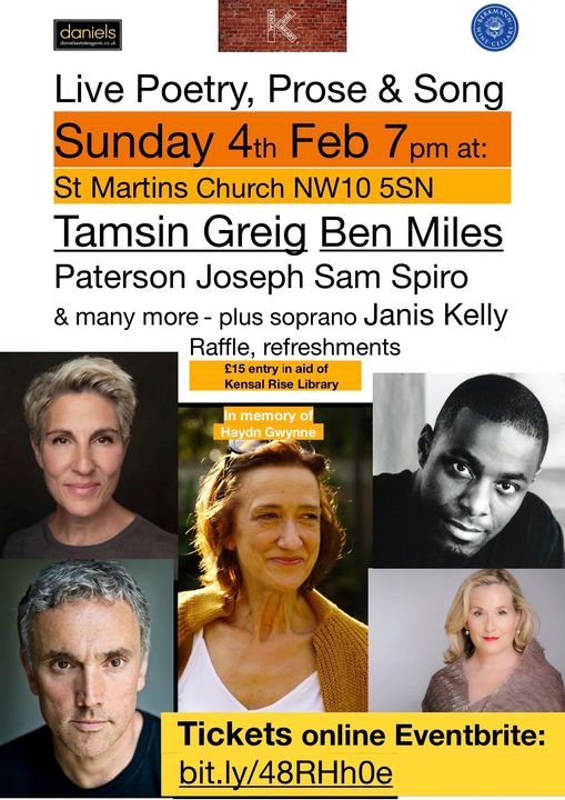 Sun 4 Feb at 7pm.
As always, in aid of KR Library and taking place at St Martins Church, Mortimer Rd, NW10 5SN.
Thank you Graham and Rick.
This year, in memory of Haydn Gwynne.
<a href="/BrentLibraries/">Brent Libraries</a> <a href="/KensalGreenRA/">Kensal Green Residents Association</a> <a href="/KensalRiseRA/">Kensal Rise RA</a> 
Eventbrite: eventbrite.co.uk/e/tamsin-greig…