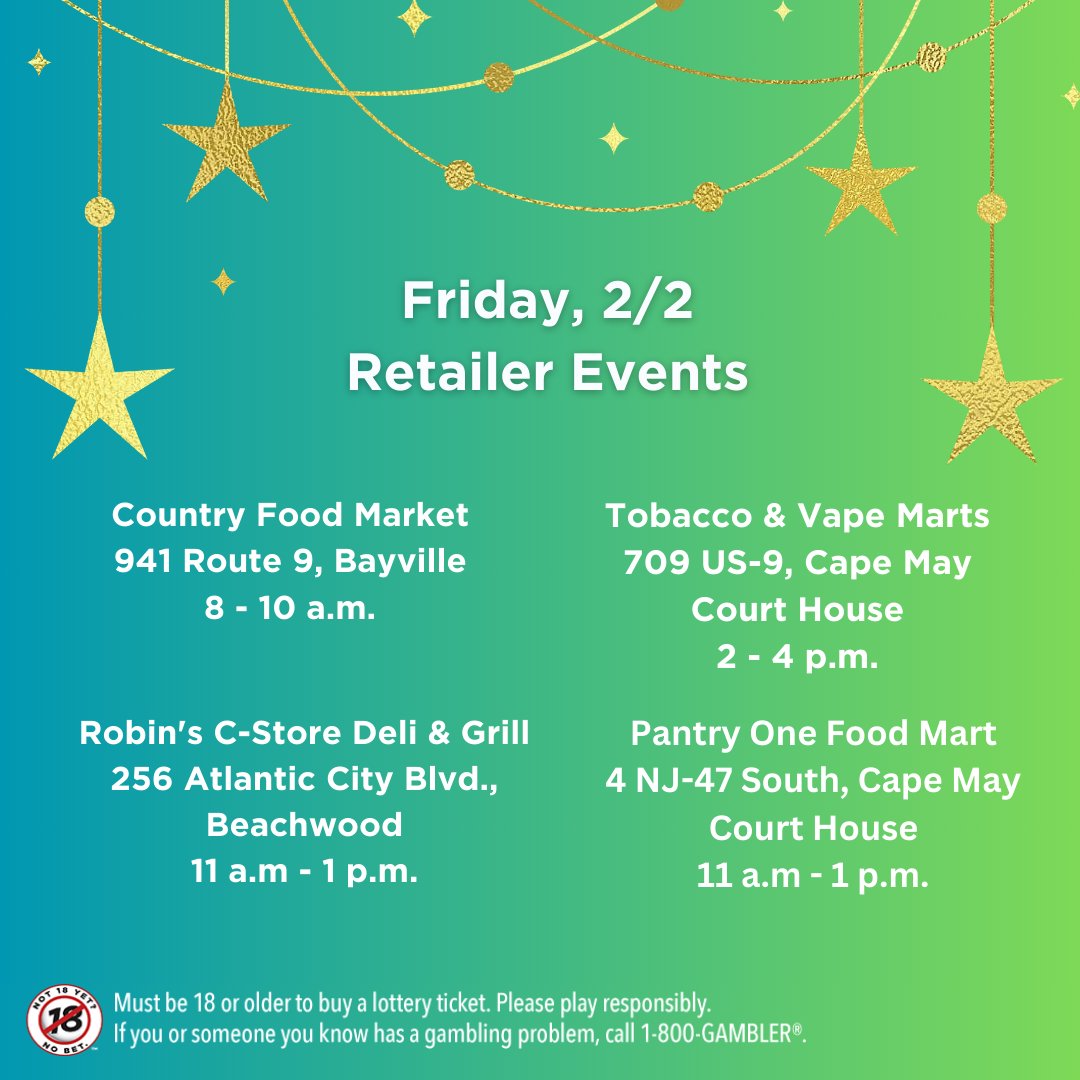NJLottery's tweet photo. Come try your luck at one of our upcoming Promotions Events happening this week including our final #WinningWednesday Retailer Event on 1/31! You can spin the wheel for a chance at our GIANT PRIZE WHEEL! Will we see you this week? Let us know if you plan to be there! https://t.co/S9xFSZ0fa0