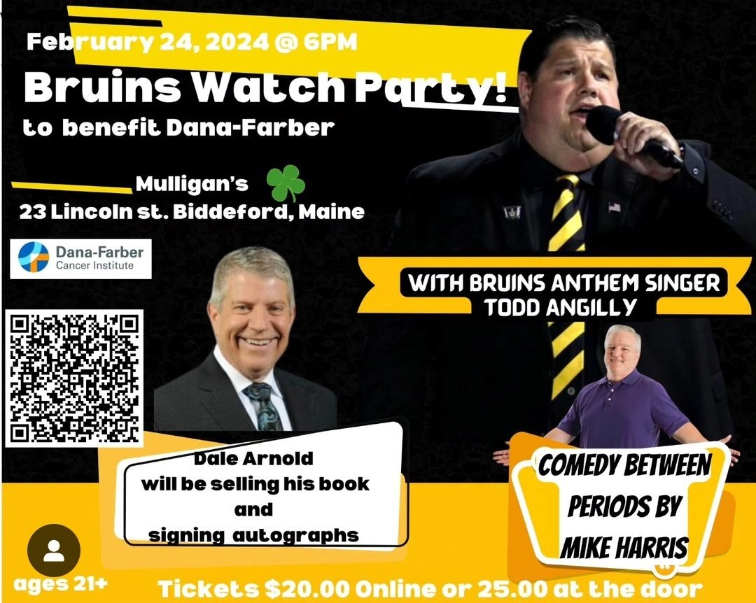 Ever wanted to watch a #NHLBruins    game with @todd_angilly AND Dale Arnold?! Now you can!! My wife is running #BostonMarathon2024 for team NE Honda, raising $ for Dana Farber and hosting a Watch Party Feb 24 at Mulligans in Biddeford, ME. #NHL #Maine eventbrite.com/e/boston-bruin…