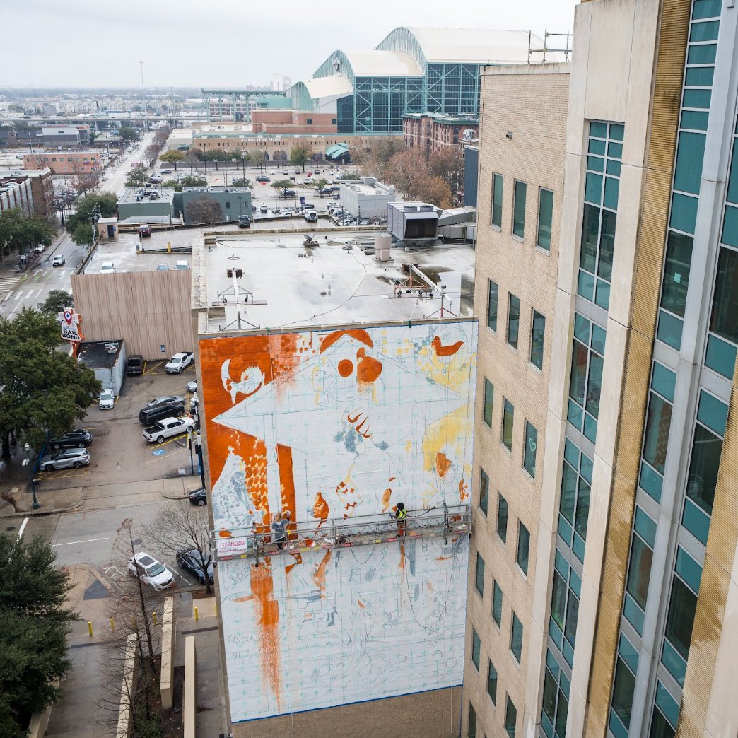 StreetArtMkind's tweet photo. We are highlighting the need to re-humanize our judicial system and paying tribute to the legacy of #JohnBiggers with a new #WIP mural featuring a large replica of his painting “the return” created by @TheArtistArzu &amp; @youngjarus in @DowntownHouston @hcpct1 @RodneyEllis https://t.co/fX5bzSA5Zw