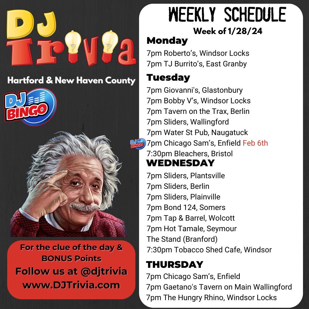 djtriviact's tweet photo. DJ Trivia week of 1/28/24 @robertosconn @BurritosTj @bvssportsbar @SlidersGrillBar 
#djtrivia #djtriviafun #trivia #trivianight #TrivialPursuit #triviapursuit #triviagame #besttriviaever #ct #connecticut #cthappyhour #happyhourct #cttrivia https://t.co/LG9Wn5kped