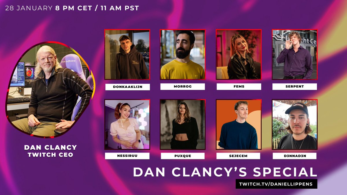 Vanavond LIVE met de CEO van Twitch: Dan Clancy. Mis het niet. 20:00 de pre-show en 21:00 babbelen.
twitch.tv/daniellippens