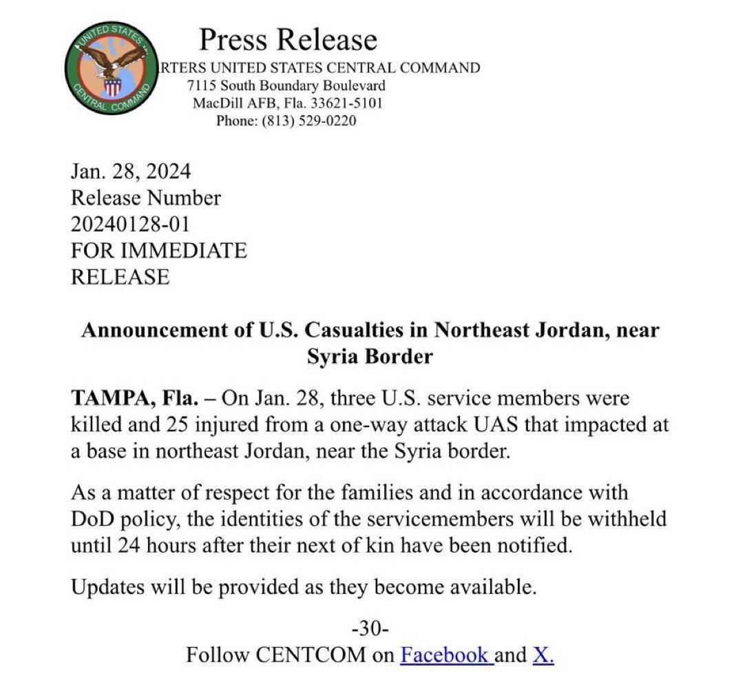 🚨#BREAKING: United States Central Command has released a  statement declaring that 3 U.S. service members have been killed and that 25 others were injured in an attack on a base near the Syrian border