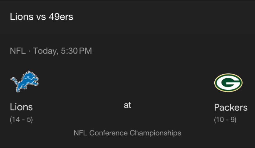 CaughtsonWatson's tweet photo. After I told everyone the packers would beat the 49ers, nobody believed in us. Well now all we have to do is beat the poverty lions to get a spot in the Super Bowl. It’s to easy https://t.co/QnsTxJDIjz