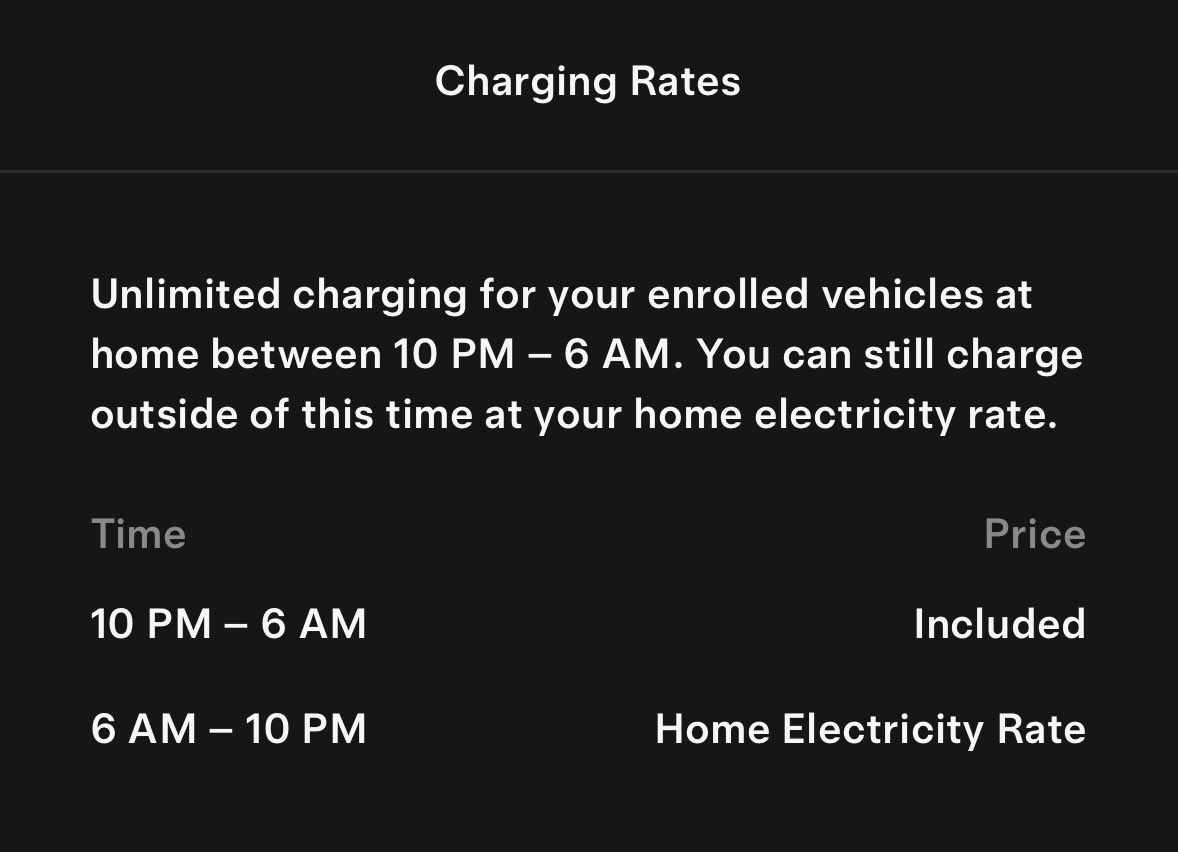 Just saw this offer from “Tesla Electric” pop up in my app. @tesla is the utility company providing unlimited home charging 10pm-6am for a flat fee. In my case, $25 per month 🤯