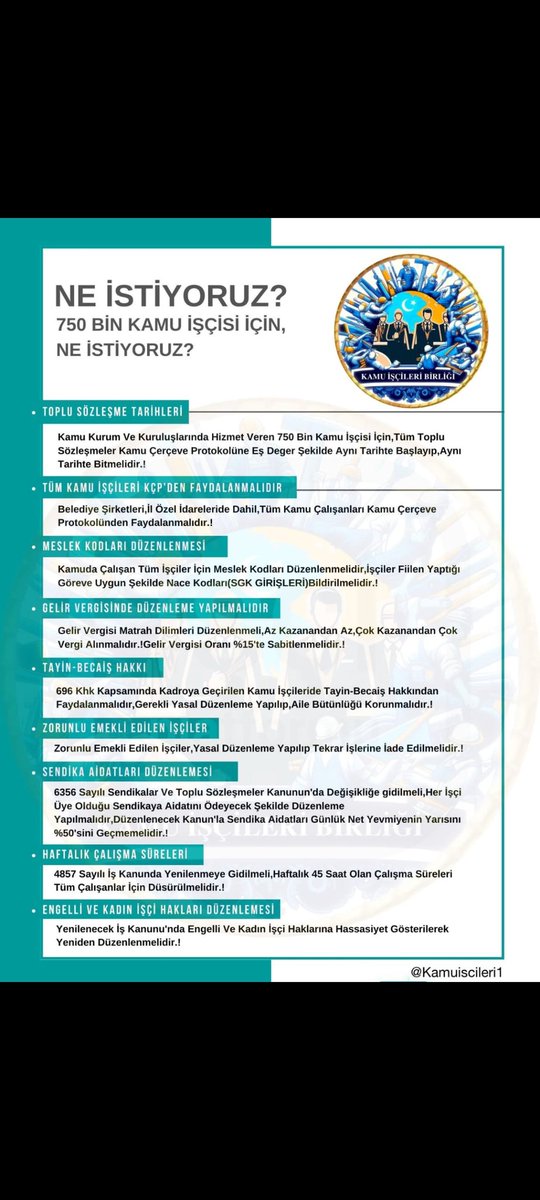 Bizleri unutmayın eşit işe eşit ücret istiyoruz #KamuİscileriZamİstiyor #VergideAdaletİstiyor #Kamuiscisihakistiyor <a href="/RTErdogan/">Recep Tayyip Erdoğan</a> <a href="/Ahmet_Davutoglu/">Ahmet Davutoğlu</a> <a href="/dbdevletbahceli/">Devlet Bahçeli</a> <a href="/eczozgurozel/">Özgür Özel</a> <a href="/ekrem_imamoglu/">Ekrem İmamoğlu</a> <a href="/fatihportakal/">fatih portakal</a> <a href="/Deniz_Zeyrek/">deniz zeyrek</a> <a href="/turkiskonf/">TÜRK-İŞ</a> <a href="/isikhanvedat/">Prof. Dr. Vedat Işıkhan</a> <a href="/KucukkayaIsmail/">Ismail Kucukkaya</a>