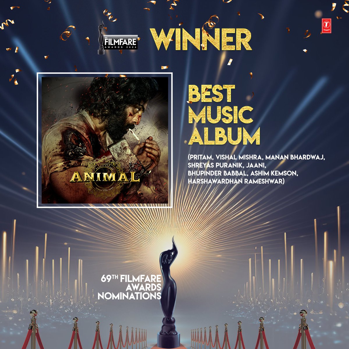 And the Filmfare for the Best Music Album goes to #Animal 🎶 Congratulations 🥳 @rameemusic #MananBhardwaj @shreyaspuranik @ipritamofficial @VishalMMishra @yourjaani #AshimKemson #GurinderSeagal #AnimalTheFilm @AnimalTheFilm @AnilKapoor #RanbirKapoor @iamRashmika @thedeol…