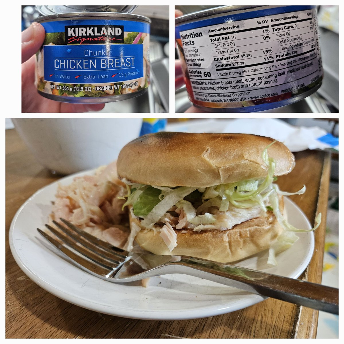 #MealInspo 

Can of Kirkland chicken on a bagel.

Lettuce and light spread of mayo.

Protein: ~55g

Cals: ~550