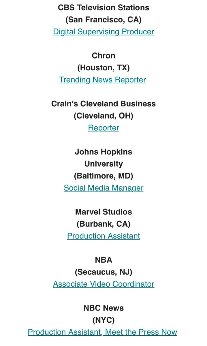 MEOjobs's tweet image. Heads up! Today’s list of 300 newly available media roles is out and includes: 

Associate Video Coordinator @NBA 
Entertainment Reporter @ABC7 
Production Assistant @MarvelStudios 
Trending News Reporter @chron 
Writer/Reporter @people 

See full details: mailchi.mp/meojobsonline/…