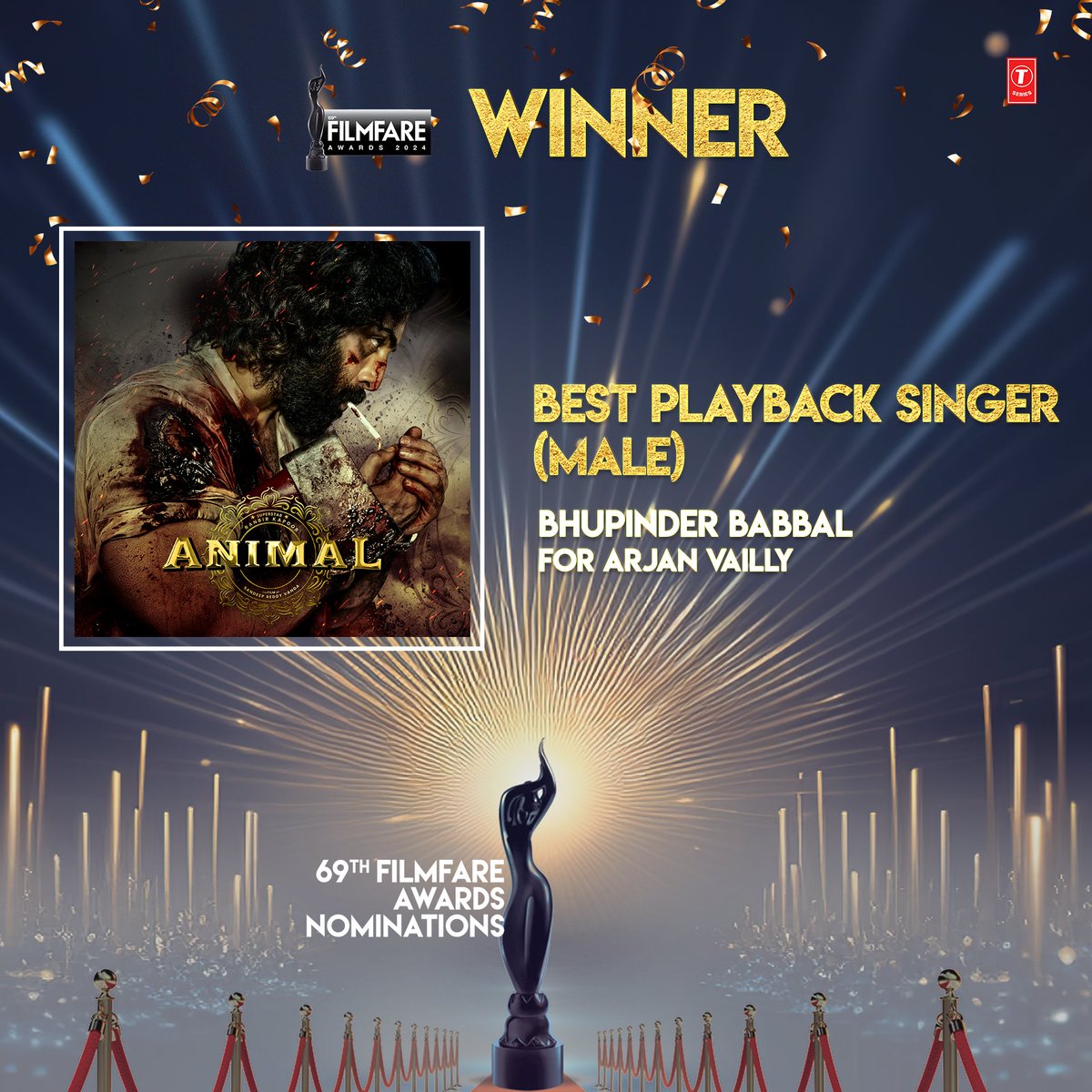 Congratulations #BhupinderBabbal on winning the Filmfare award for the Best Play Back singer (male) for #ArjanVailly 🪓 #Animal #AnimalTheFilm #MananBhardwaj #HimanshuShirlekar @AnimalTheFilm @AnilKapoor #RanbirKapoor @iamRashmika @thedeol @tripti_dimri23 #RahulMSharma…