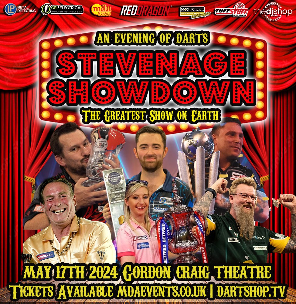 The Greatest Showdown 🎪 The Greatest Show on Earth is heading to The Gordon Craig Theatre this May Featuring World Champion @lukeh180 🏆 @Gezzyprice @JonnyClay9 @SWhitlock180 @Fsherrock and @BobbyGeorge180 🔥🔥 Book Now 🎟️ bit.ly/Stevenage24ds