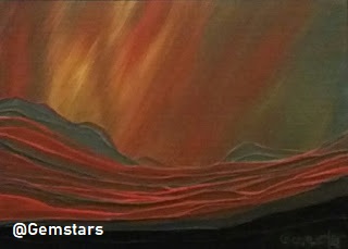 #Gemstar #gemstars #artist #artistsontwitter #northernlights #waves #light #sky #oilpainting #abstractart #Canada #BritishColumbia #abstract #microart #PositiveEnergy #seascape #orange Orange and yellow northern lights over rolling grey seas at night abstract micro oil painting.