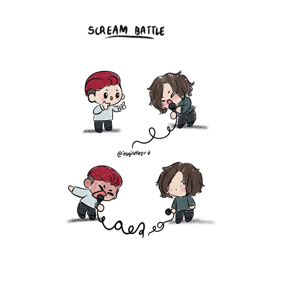 If i tell you I got a cramp in my neck while sketching this stupid idea… my head hurts 😵 But I had to draw these two having a scream battle heh @nodirectioncasa @Kellinquinn