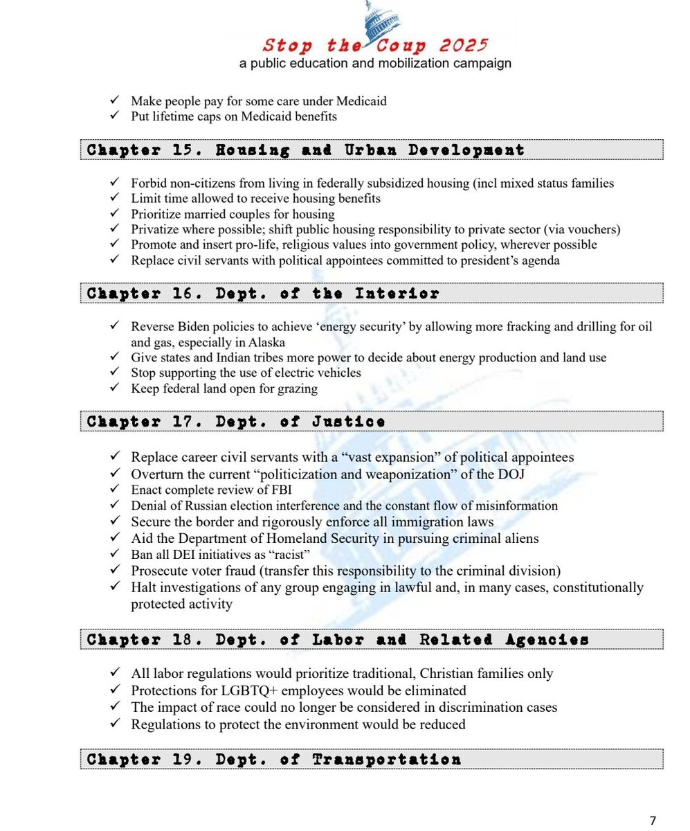 @Heritage Bulletpoint breakdown of @Heritage Foundation's Project 2025 860 page 'Mandate for Leadership' recipe for American, neofascist authoritarianism. Fuller 75-page summary available here: stopthecoup2025.org #NoDay1Dictator #StopProject2025 7/10