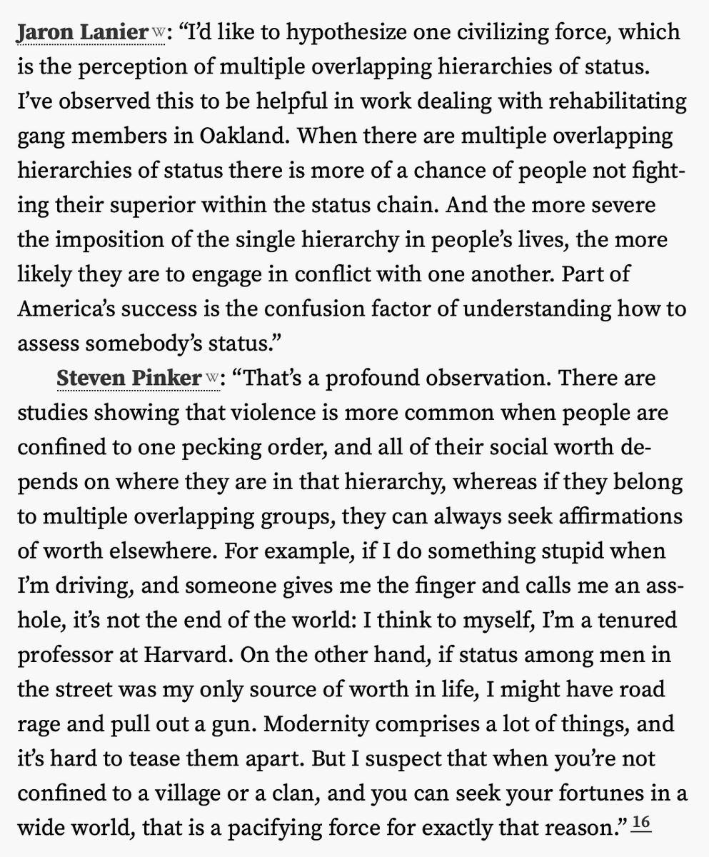 If a single status game becomes dominant, it breeds violence. Social fragmentation is a release valve.