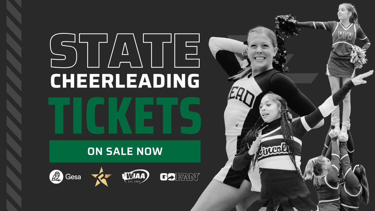 REMINDER: Tickets are on sale NOW for the WIAA/@gesacu State Cheer Championships presented by Rebel Athletic, Feb. 2-3 at Battle Ground High School. 🎟TICKETS: buff.ly/3NYCq5C State Cheer Tournament Central: buff.ly/42aLgmR