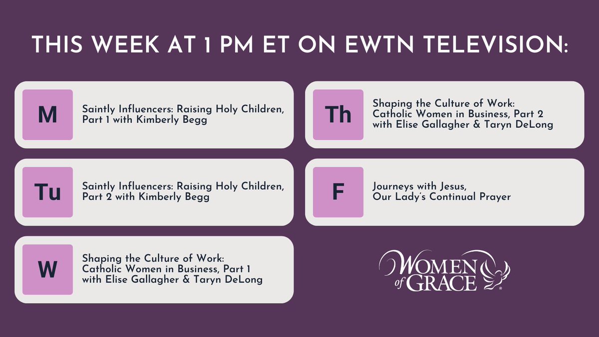 How do we as #Catholic women invite Christ into our work and into our mothering? Watch these programs this week with special guests <a href="/Kimberlybegg/">Kimberly Begg</a>, Elise Gallagher, and <a href="/tarynmdelong/">Taryn DeLong</a>.
Watch live: ewtn.com/tv/watch-live/…

#Catholicwomen #womenofgrace #Catholicmoms <a href="/CathWomeninBiz/">Catholic Women in Business</a>